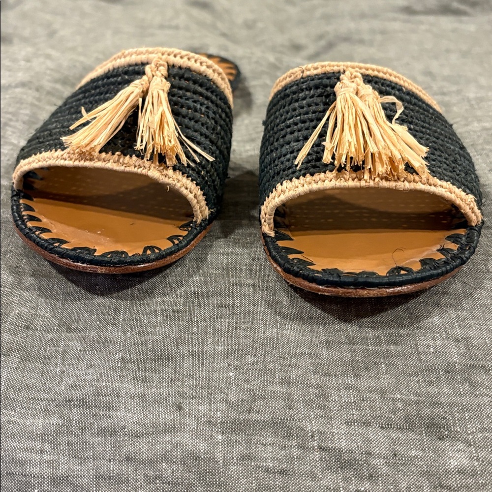 Carrie Forbes Adam Pom Raffia Tassel Slide Sandals Black Tan EU 39 US 8.5 EUC - Picture 5 of 7